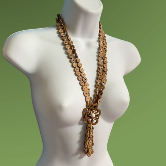 Bohemian Wood Disc Beads Artisan Made Long Statement Necklace - Picture 6 of 9